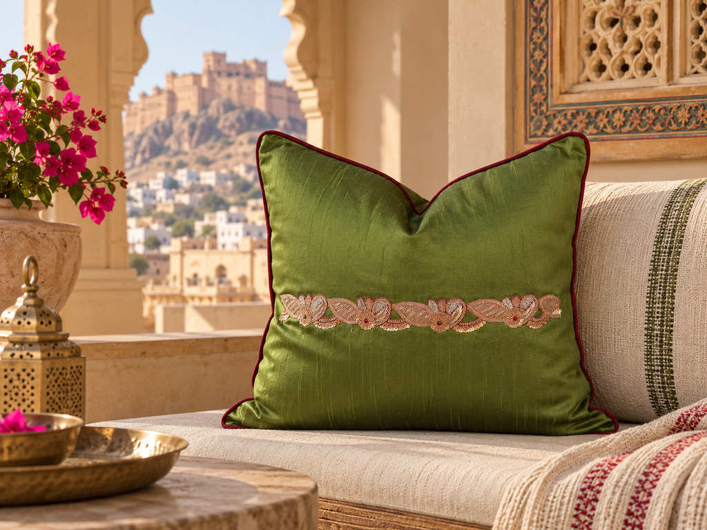 Green Zardozi-Embroidered Silk Pillow Cover, Embroidered Band