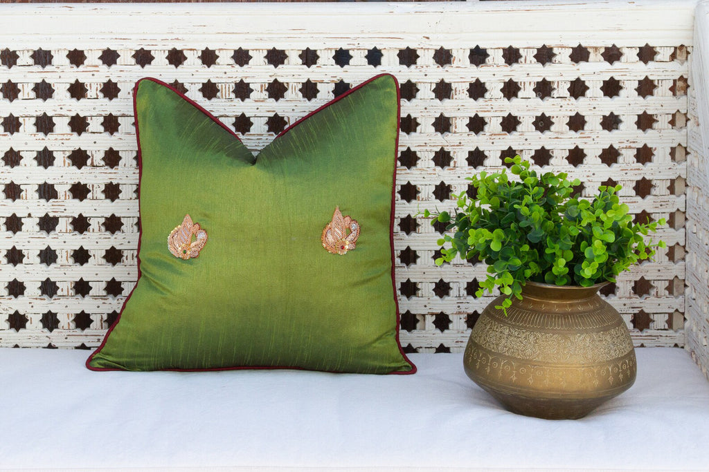 Green Peacock Sage Silk Blend Pillow Cover