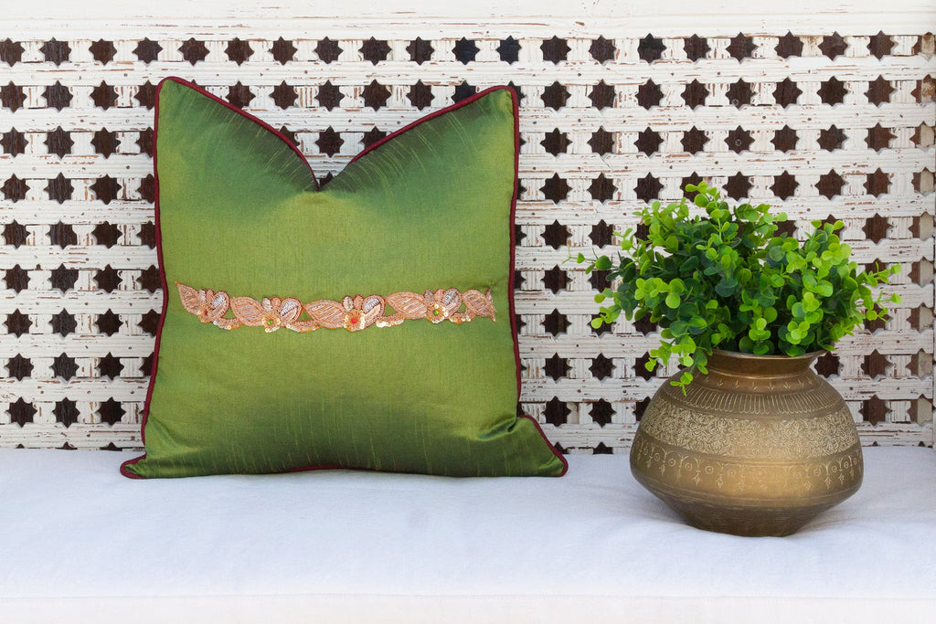 Olive Peacock Sage Silk Blend Pillow Cover