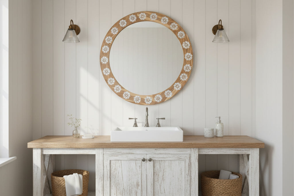 Large Teak Mother of Pearl Inlay Round Mirror