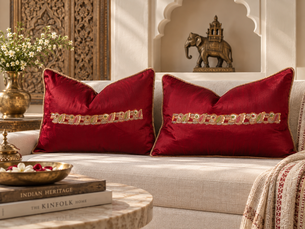 Rasa Red Pair of Zardozi Pillows