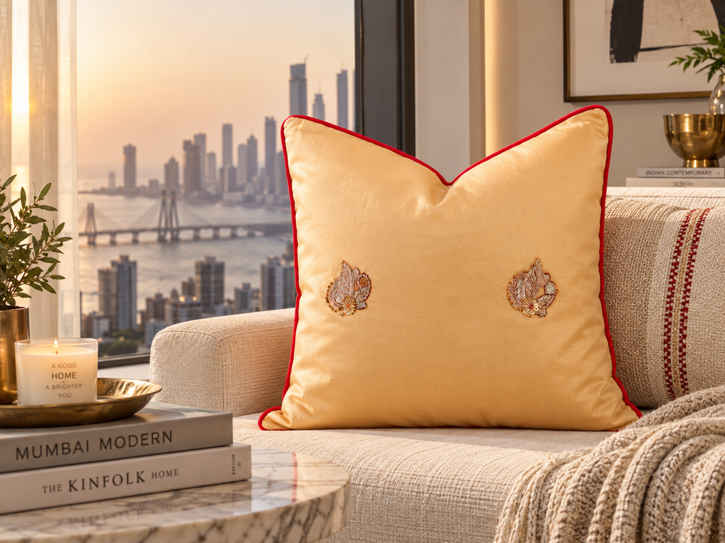 Naz Silk Blend Gold Zardozi Silk Pillow, Peacock Motif