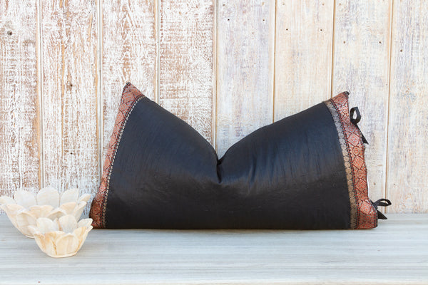 Black Large Festive Indian Silk Queen Lumbar Pillow Cover