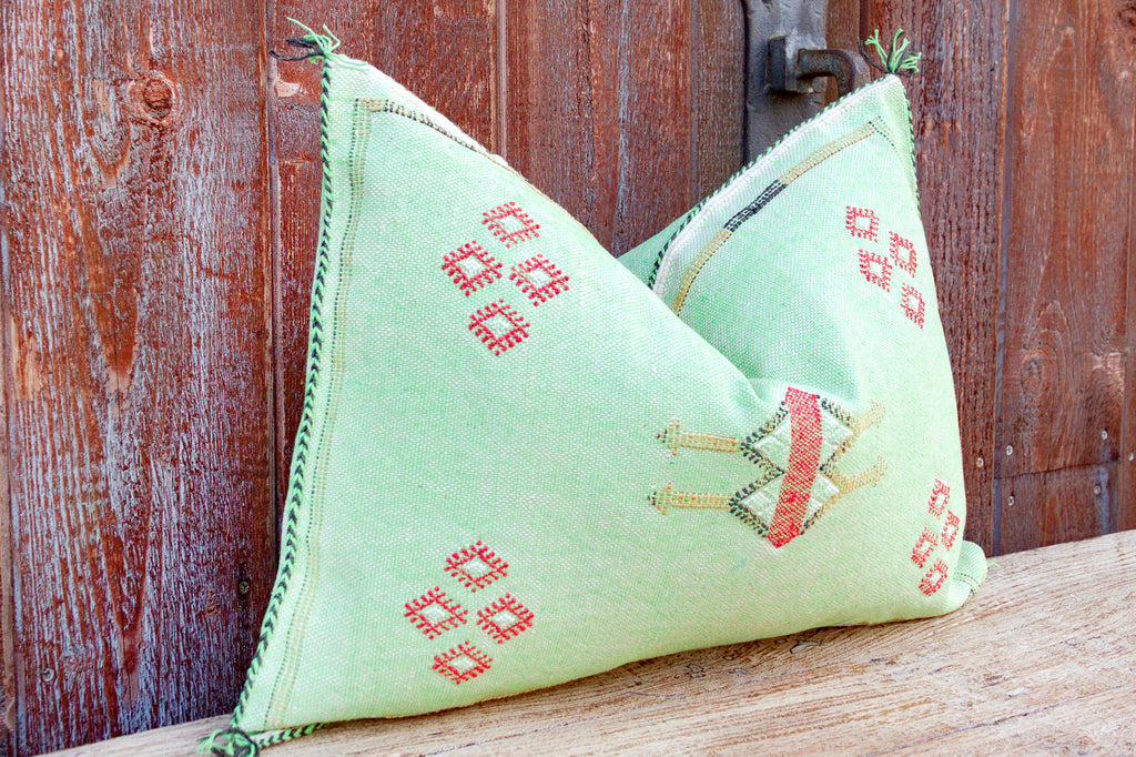 Green Lumbar Moroccan Silk Rug Pillow