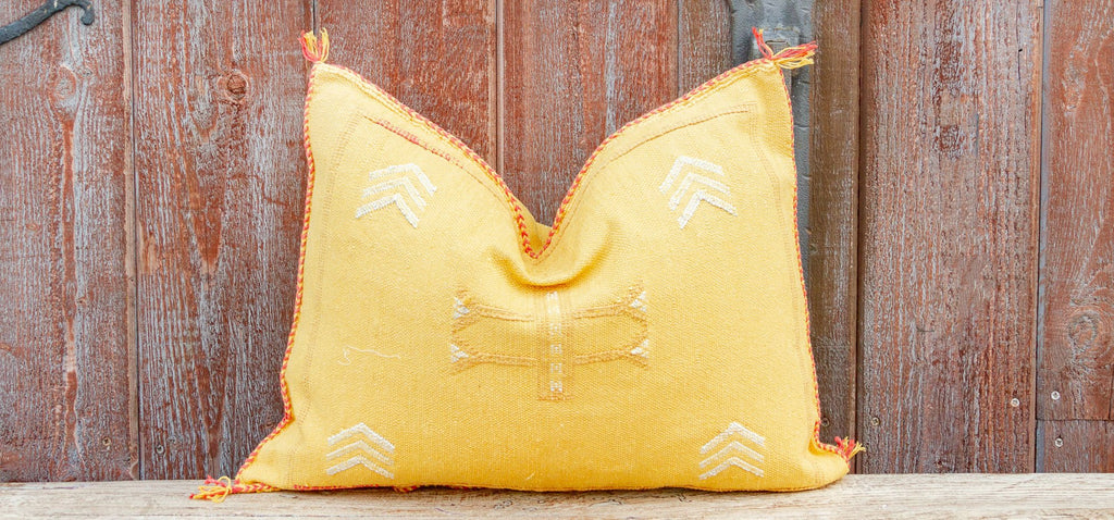 Apricot Yellow Lumbar Moroccan Silk Rug Pillow (Trade)