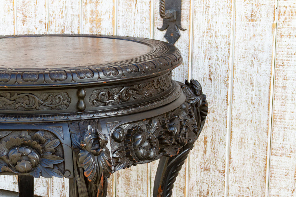 Heavily Carved Leather Top Chinese Center Table