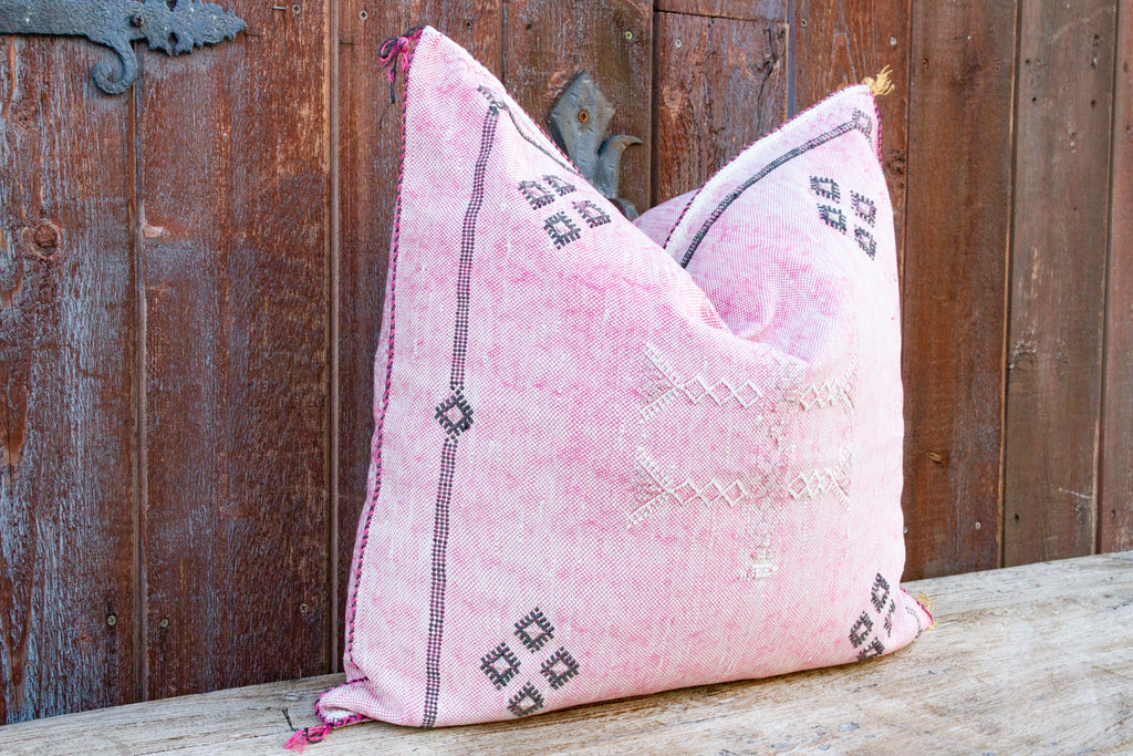 Pink Large Square Moroccan Silk Rug Pillow