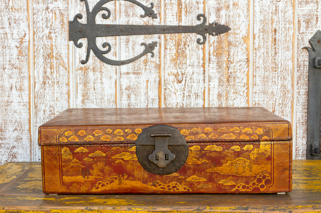 Antique Red and Gilt Chinoiserie Suitcase