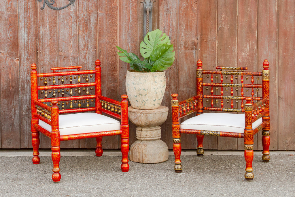 Hand Painted Festive Anglo Indian Chairs, Set of Two