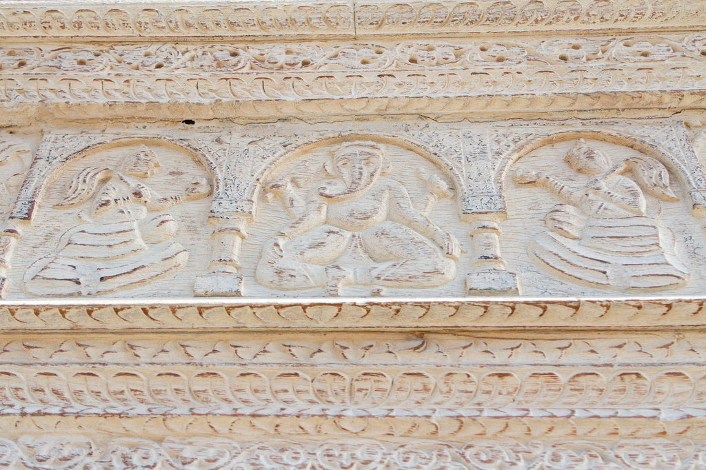 Exquisite Antique White Carved Ganesha Floor Mirror (Trade)