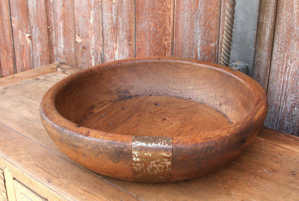 Wooden Dough Bowl with Metal Accent (Trade)