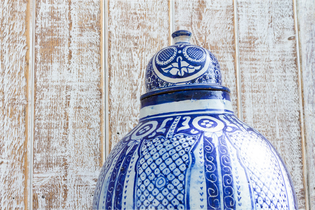 Vintage Blue & White Moroccan Jar With Lid