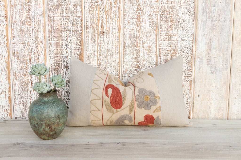 Linen Suzani Embroidered Pillow