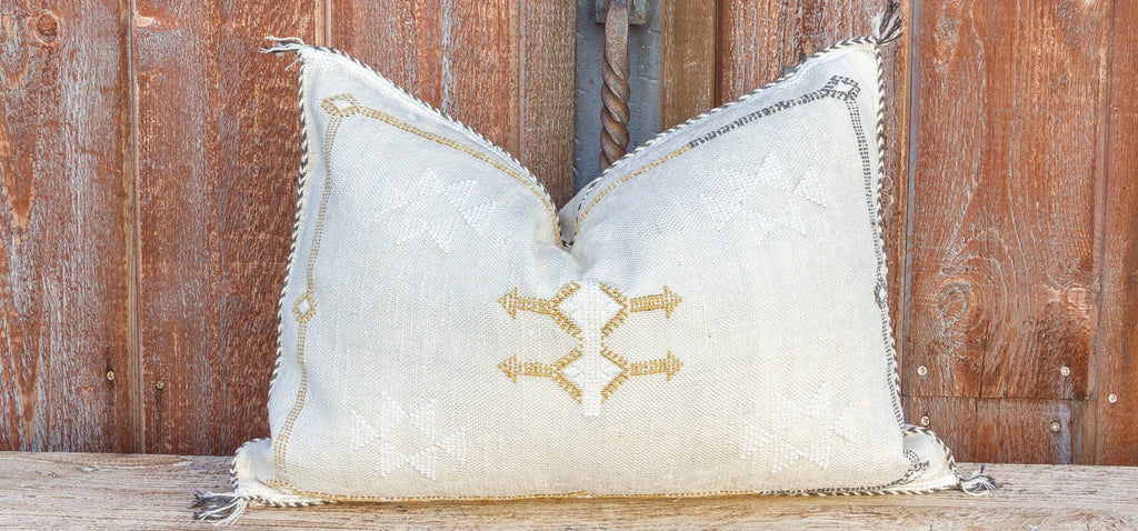 Beige Lumbar Moroccan Silk Rug Pillow (Trade)