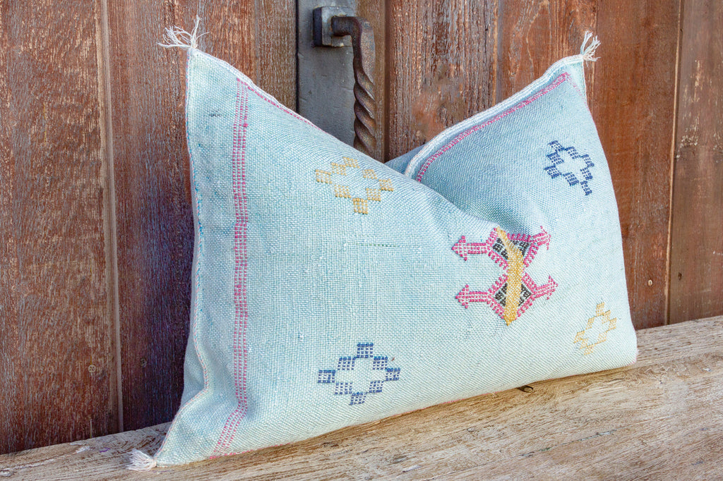 Light Blue Lumbar Moroccan Silk Rug Pillow