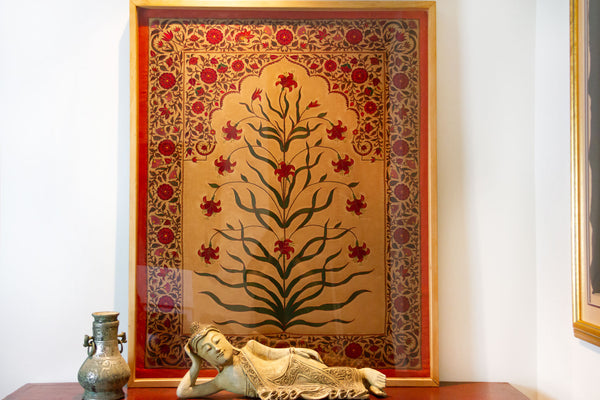 Antique Indian Framed Leaf & Flower Embroidery