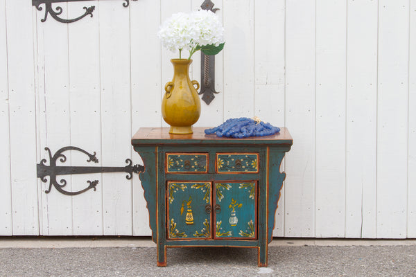 Vintage Slate Blue Tibetan Nightstand Cabinet