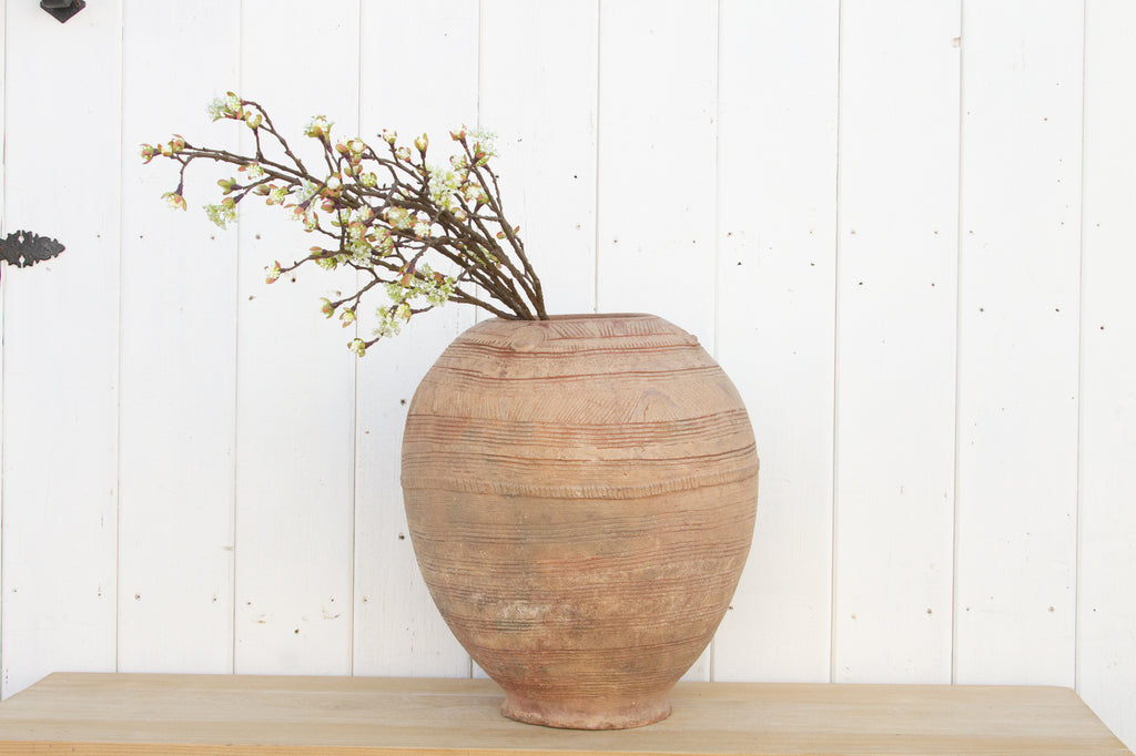 Tall Weathered Engraved Clay Pot