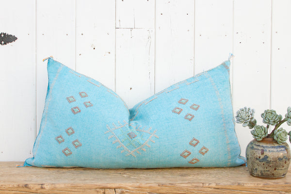 Aqua Long Lumbar Moroccan Silk Rug Pillow