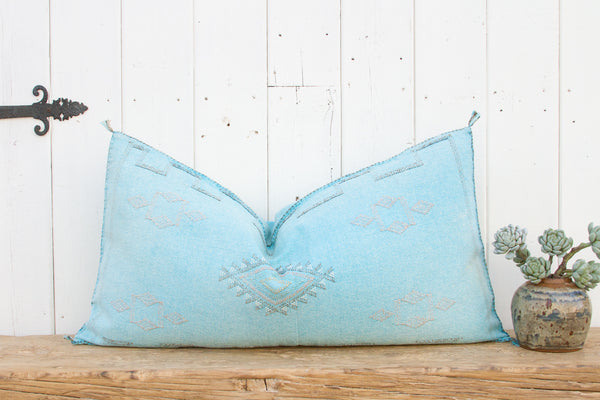 Sky Blue Long Lumbar Moroccan Silk Rug Pillow