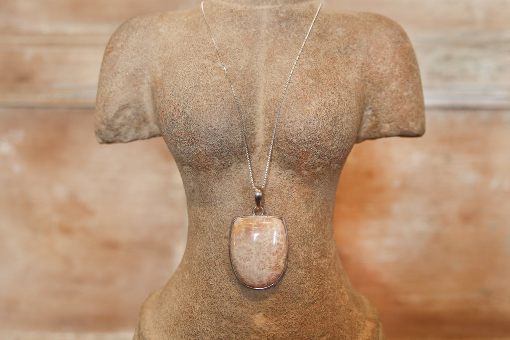 Fossil Coral Pendant with Silver Chain (Trade)