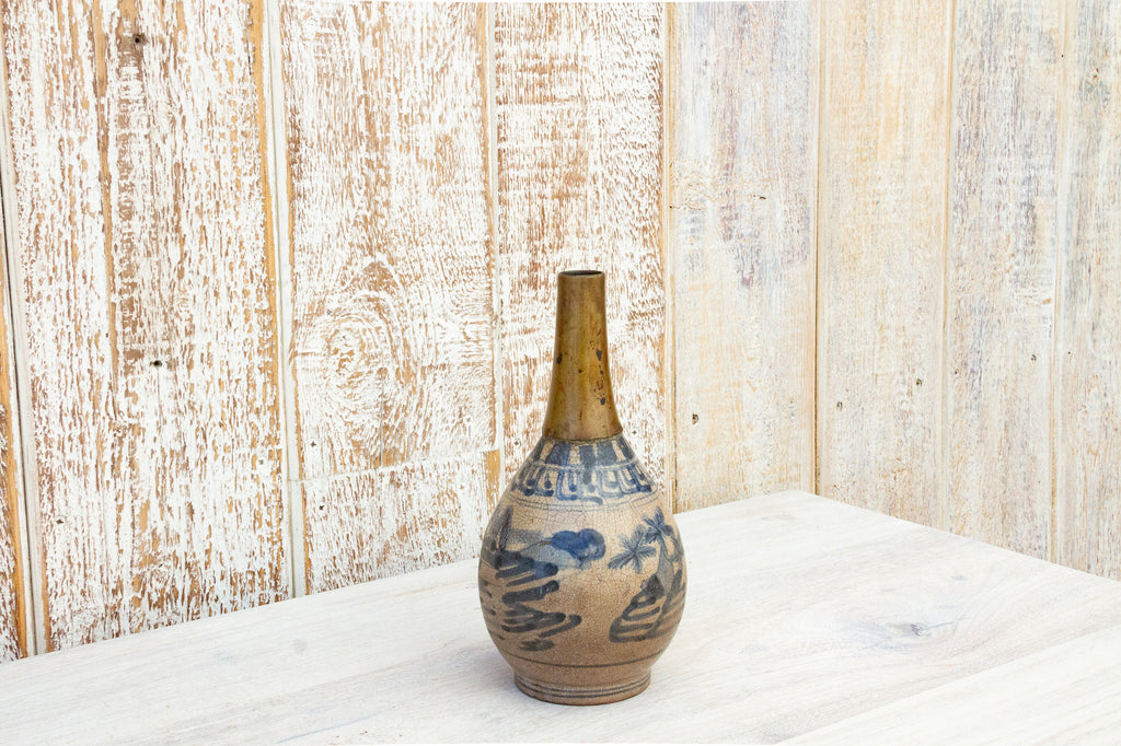 Antique Asian Blue & White Porcelain with Brass Vase