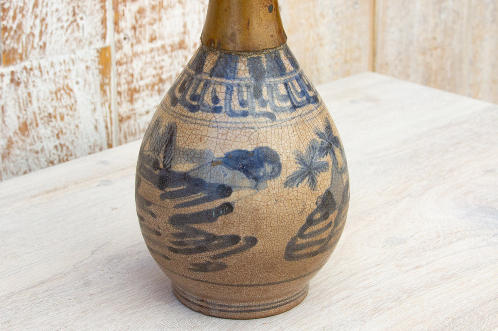 Antique Asian Blue & White Porcelain with Brass Vase