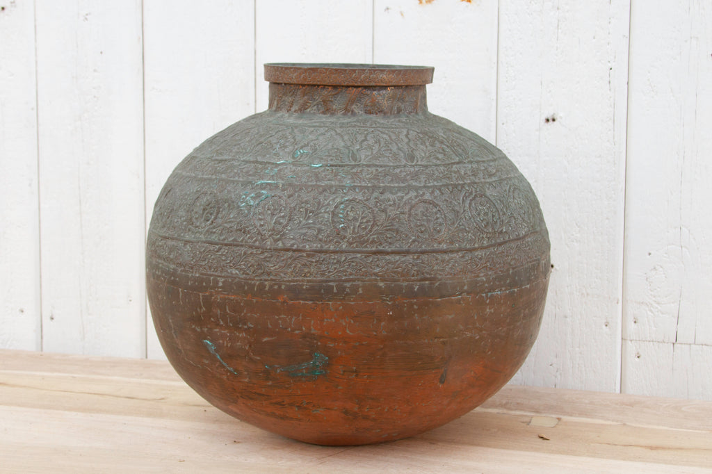 Antique Large Engraved Copper Pot