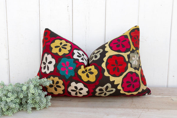 Poppy Bloom Suzani Lumbar Pillow