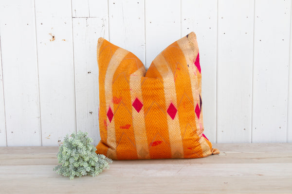 Deep Orange Silk Phulkari Pillow