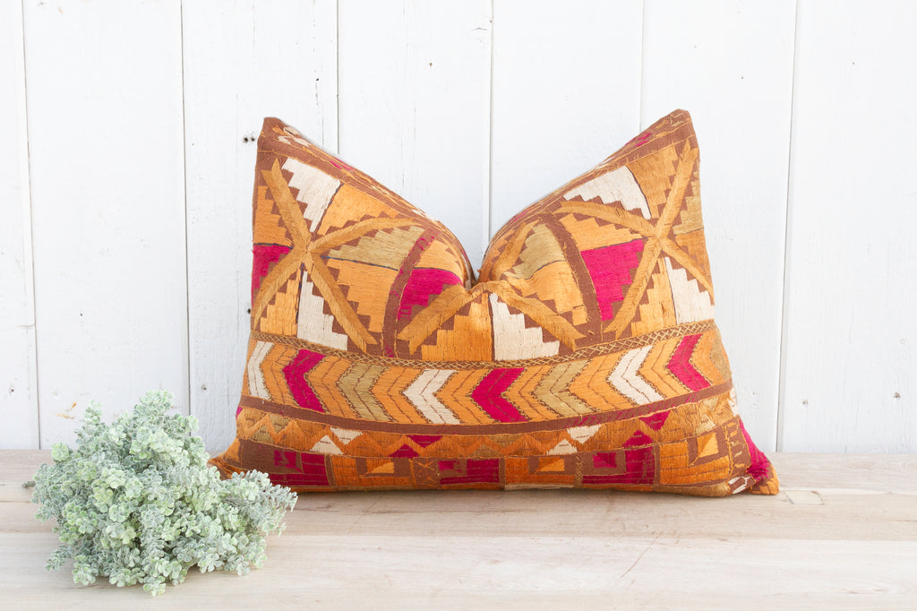 Vivid Orange Silk Phulkari Pillow