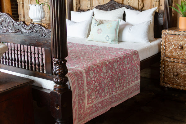 Pink Peony Block Print Cotton Bed Coverlet