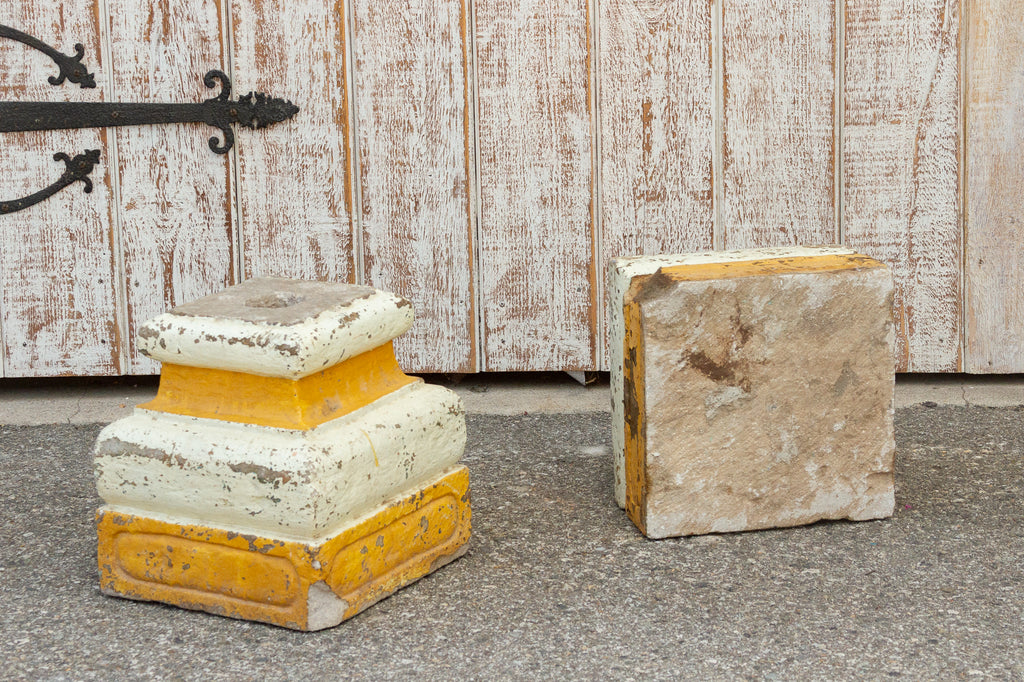 Early 1800's Pair of Indo-Portuguese Painted Architectural Stone Column Bases