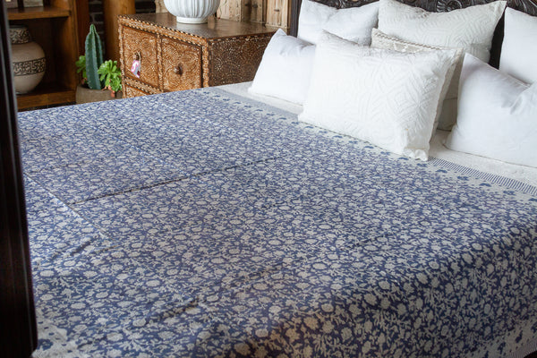Blue Floral Block Print Cotton Floral Bedspread
