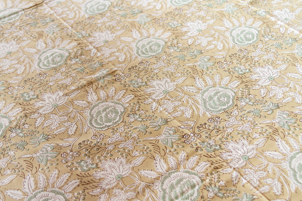 Olive Floral Block Print Cotton Bed Coverlet