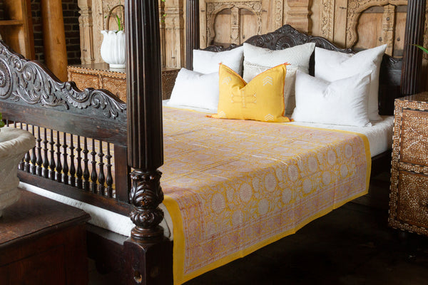 Sunflower Yellow Block Print Cotton Bed Coverlet