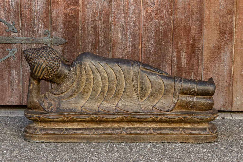 Black Stone Asian Reclining Carved Buddha