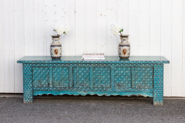 Long Turquoise Blue Carved Credenza