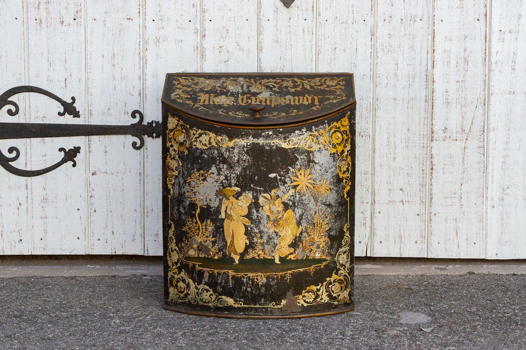 Antique Black & Gilt Chinoserie Drum Canister