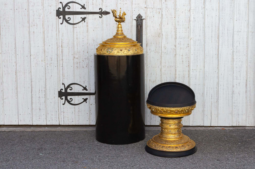 Tall Burmese Gilded Vessel on Black Lacquered Stand