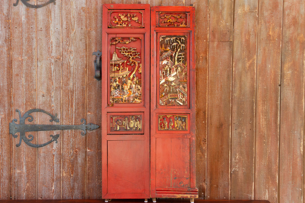 Antique Scarlet Red Gilt Asian Panels, Set of 2