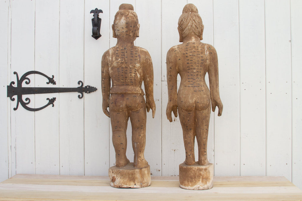 Pair of Tall Wood Antique Acupuncture Statues (Trade)