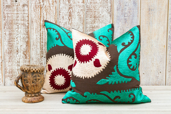 Mint & Brown Modern Cotton Suzani PIllow Cover