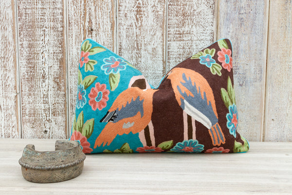 Flowers & Birds Moroccan Wool Embroidered Throw Pillow Cover