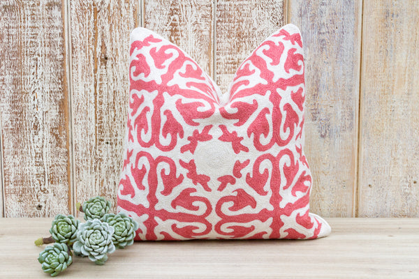 Pink & White Moroccan Wool Embroidered Throw Pillow Cover