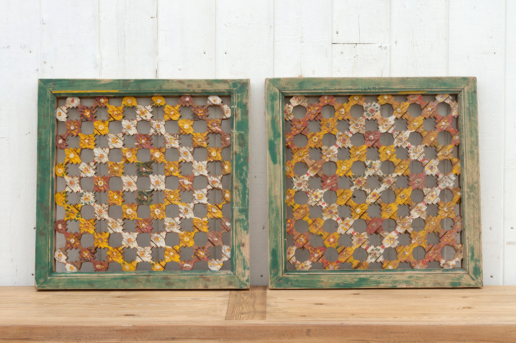 Set of Two, Antique Multicolor Lattice Windows