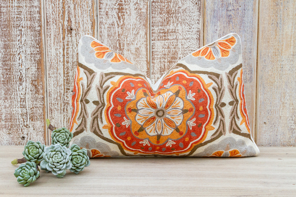 Orange Floral Wool Embroidered Throw Pillow Cover– DE-COR