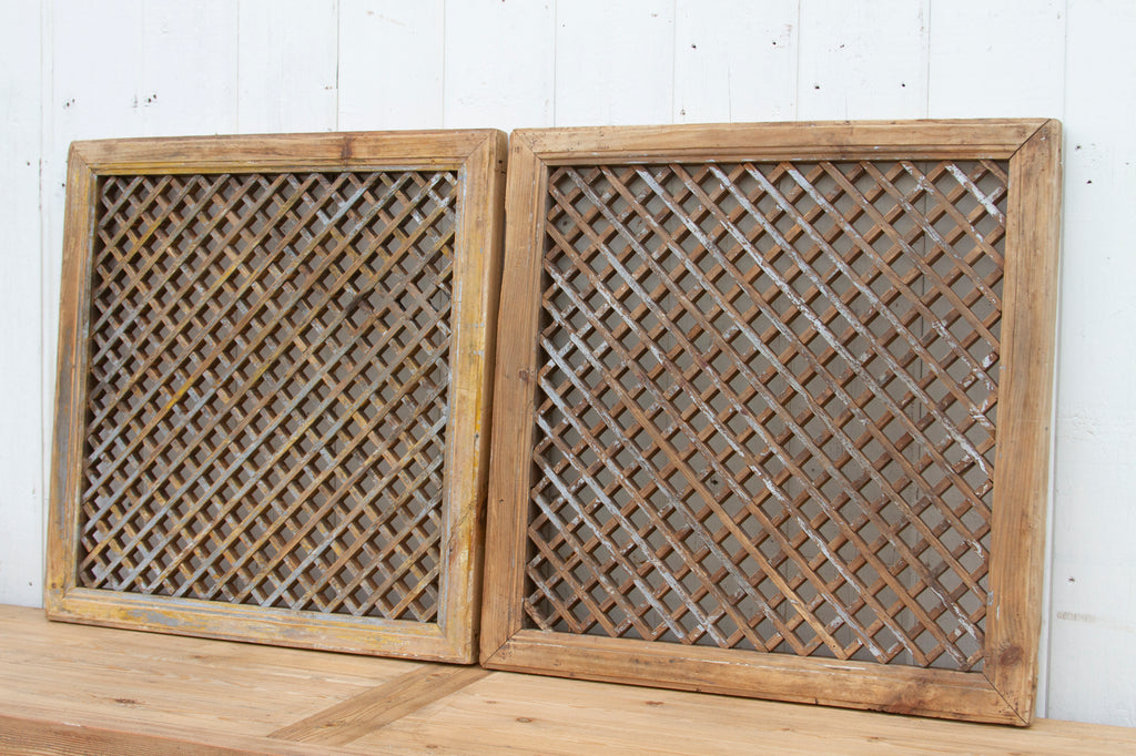 wood lattice panel trellis diamond teak Pair of Antique Wooden Lattice Panels– DE-COR