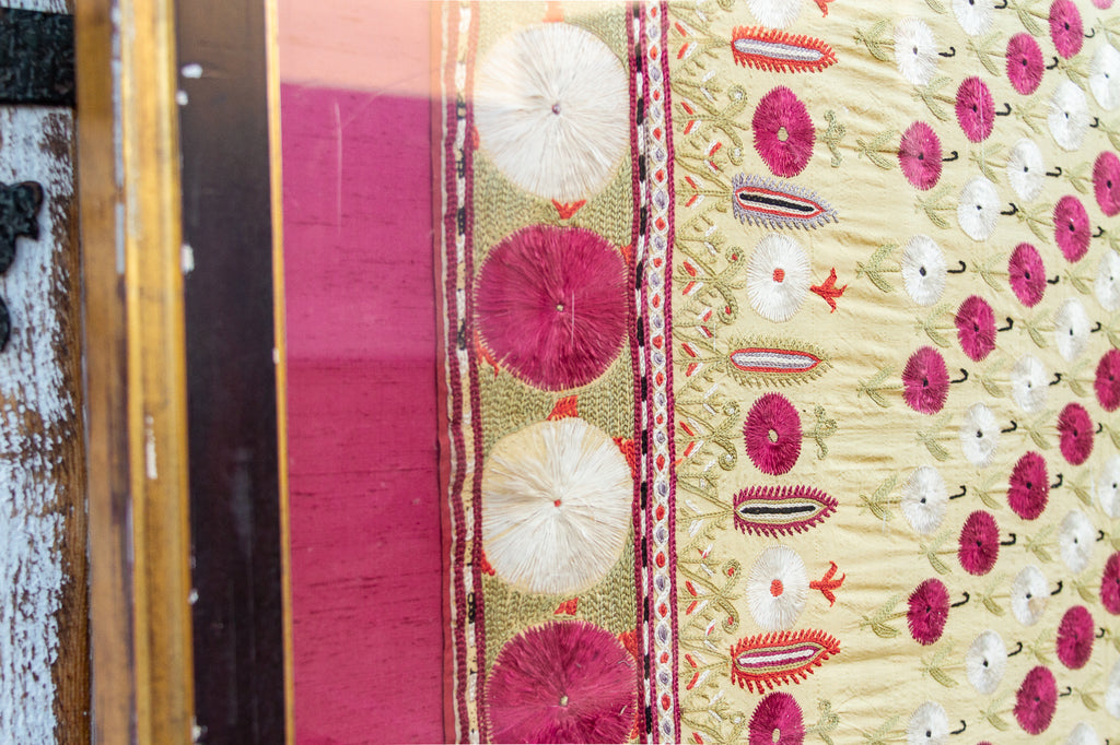 Rare Antique Framed Silk Embroidered Wedding Shawl